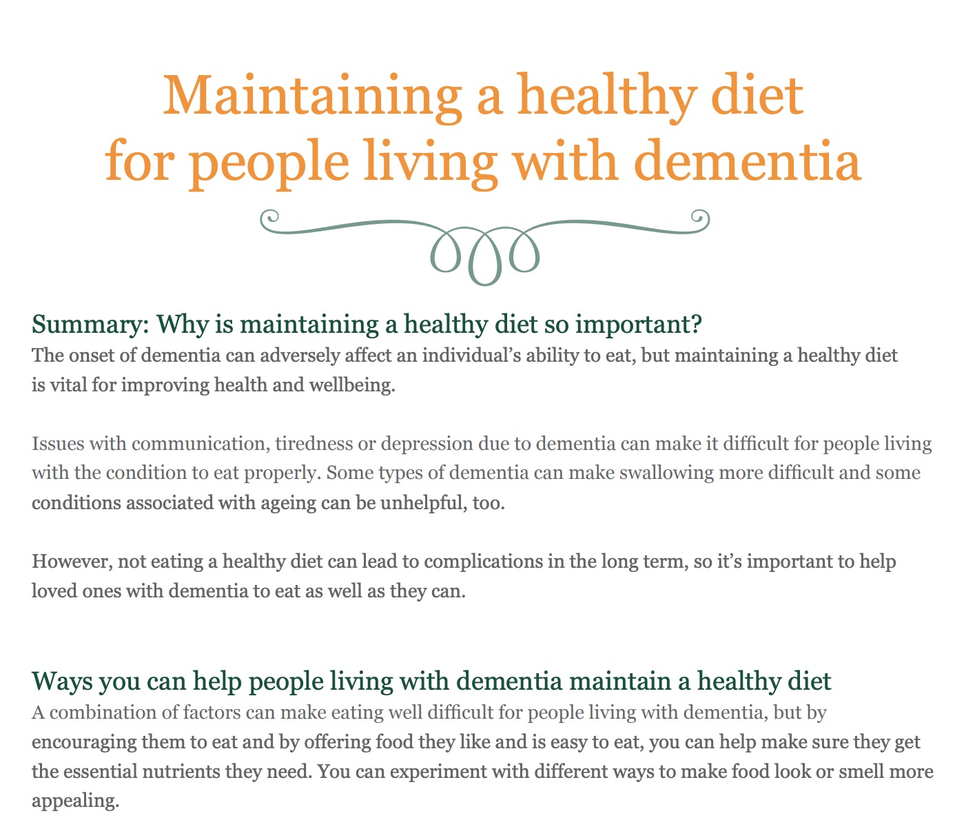 Healthy diet for someone living with dementia